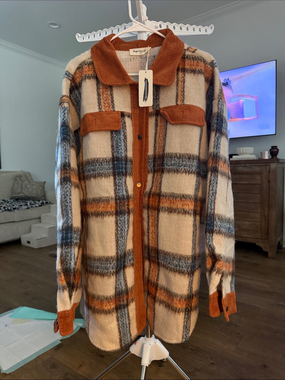 Impressions Plaid Utility Shacket in Cream, Rust & Blue 1x